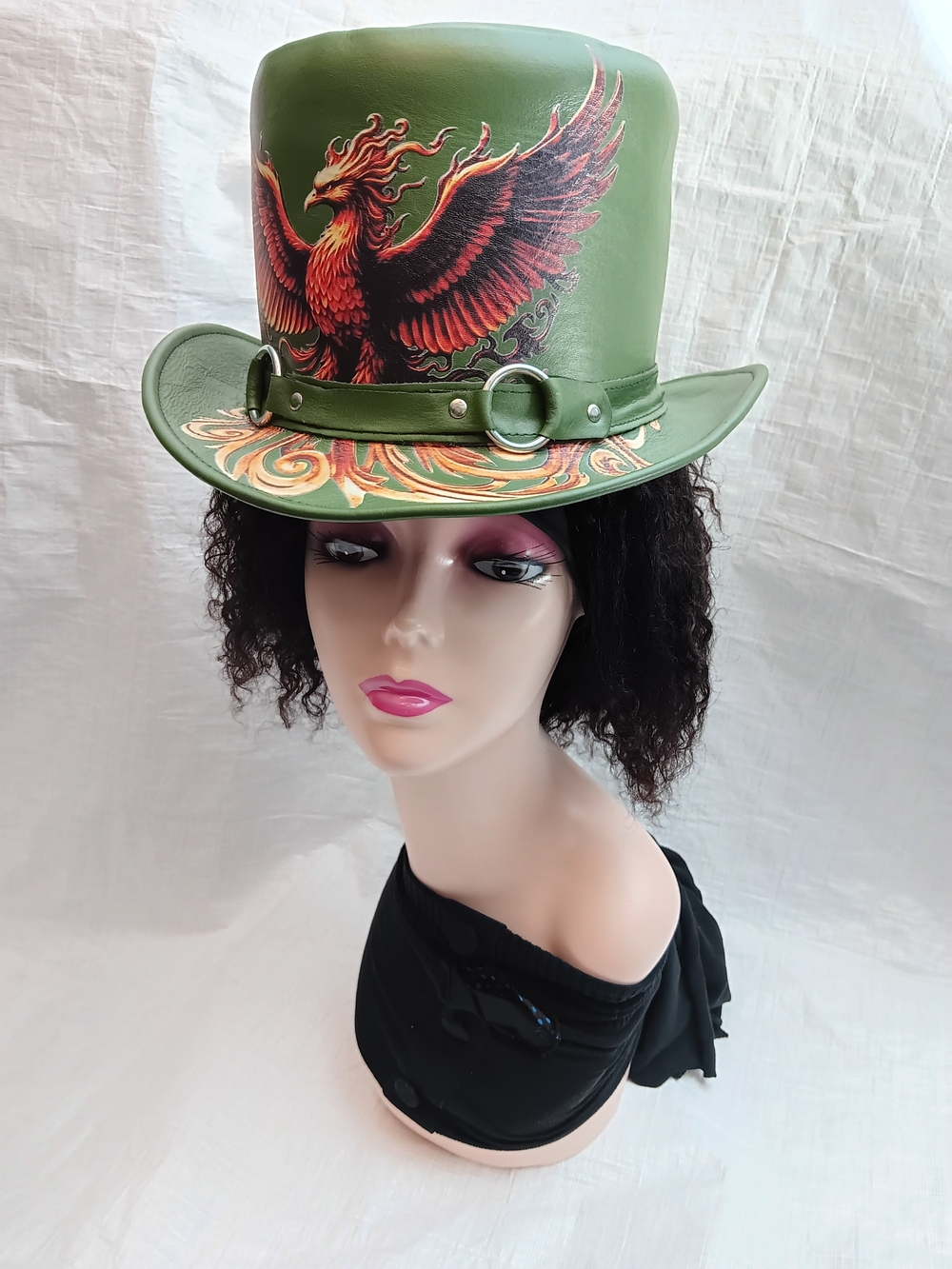 Olive Green Phoenix Style Leather Top Hat